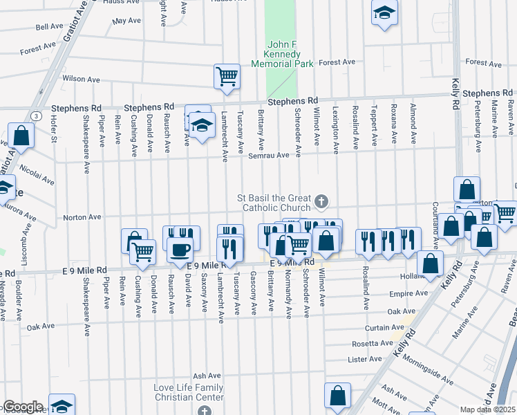 map of restaurants, bars, coffee shops, grocery stores, and more near 23023 Brittany Avenue in Eastpointe