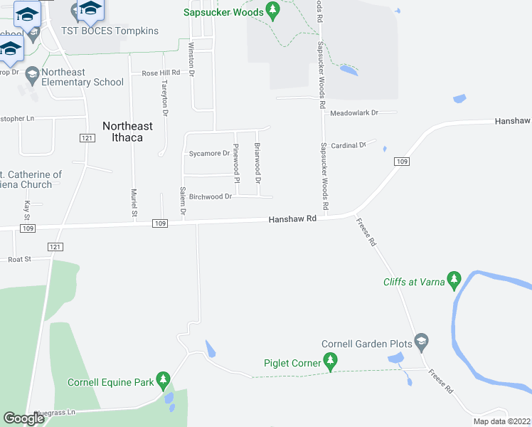 map of restaurants, bars, coffee shops, grocery stores, and more near 1448 Hanshaw Road in Ithaca
