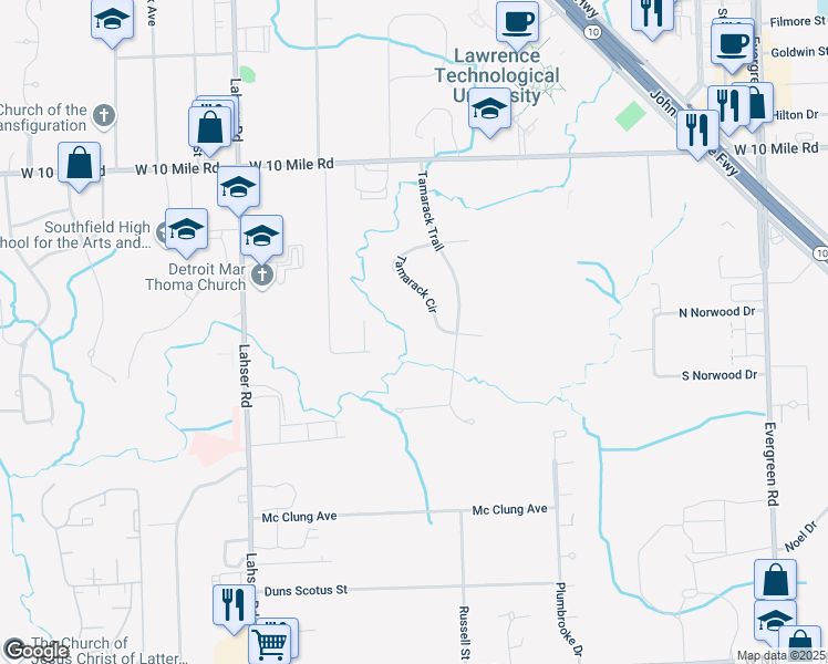 map of restaurants, bars, coffee shops, grocery stores, and more near 24249 Tamarack Circle in Southfield
