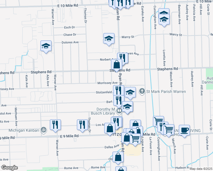 map of restaurants, bars, coffee shops, grocery stores, and more near 3920 Morrissey Ave in Warren