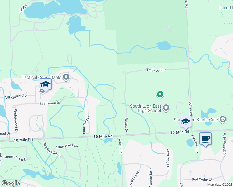 map of restaurants, bars, coffee shops, grocery stores, and more near 24304 Oak Ridge Boulevard in South Lyon
