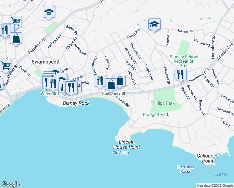 map of restaurants, bars, coffee shops, grocery stores, and more near 460 Humphrey Street in Swampscott