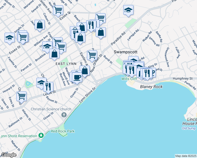 map of restaurants, bars, coffee shops, grocery stores, and more near 9 Kings Beach Terrace in Swampscott