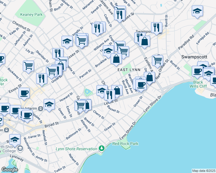 map of restaurants, bars, coffee shops, grocery stores, and more near 53 Chatham Street in Lynn
