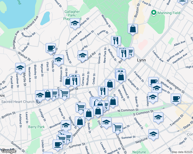 map of restaurants, bars, coffee shops, grocery stores, and more near 44 Cedar Street in Lynn
