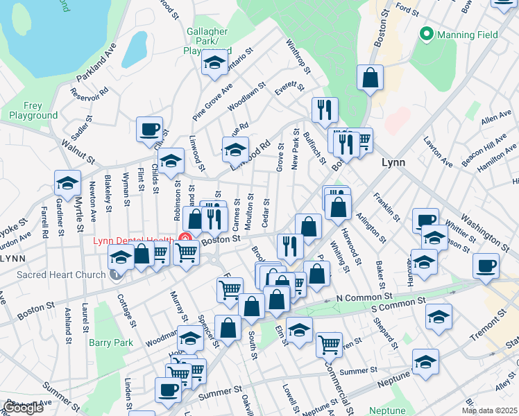 map of restaurants, bars, coffee shops, grocery stores, and more near 44 Cedar Street in Lynn