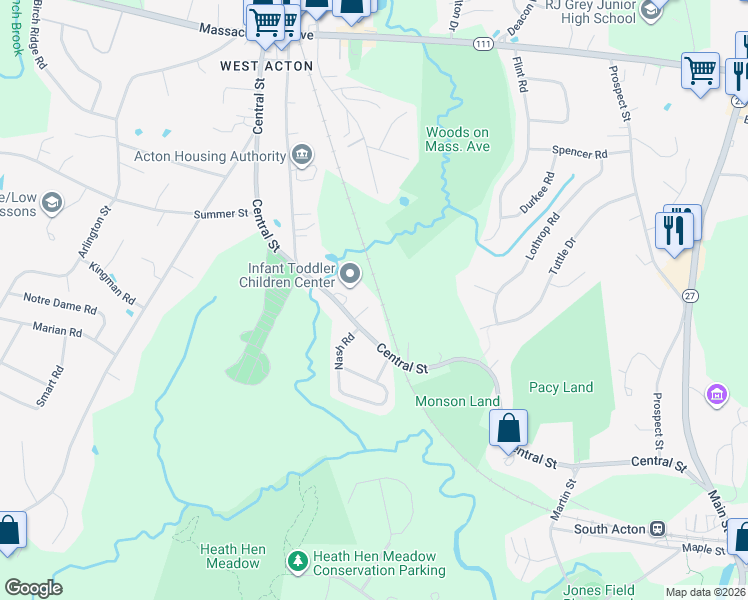 map of restaurants, bars, coffee shops, grocery stores, and more near 4 Crestwood Lane in Acton
