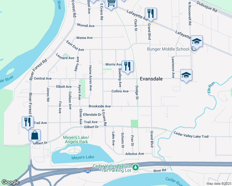 map of restaurants, bars, coffee shops, grocery stores, and more near 249 Collins Ave in Evansdale