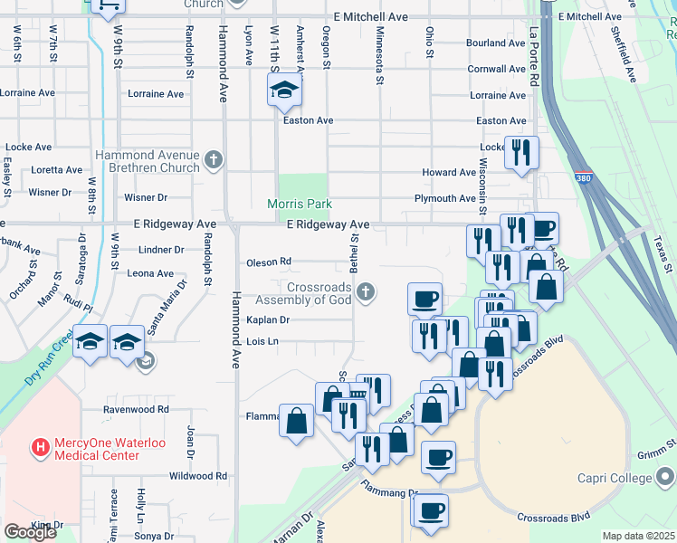 map of restaurants, bars, coffee shops, grocery stores, and more near 1213 Oleson Road in Waterloo