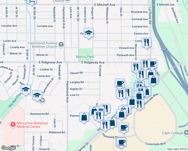 map of restaurants, bars, coffee shops, grocery stores, and more near 1213 Oleson Road in Waterloo