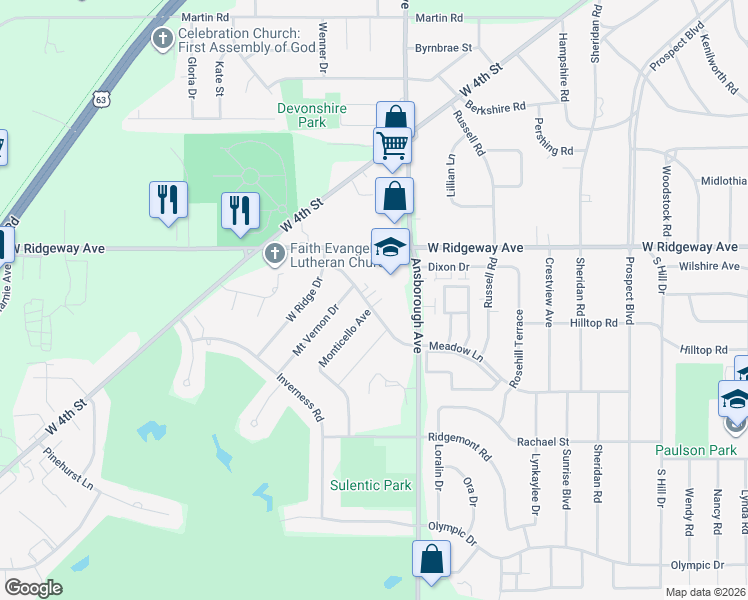 map of restaurants, bars, coffee shops, grocery stores, and more near 1307 West Ridgeway Avenue in Waterloo