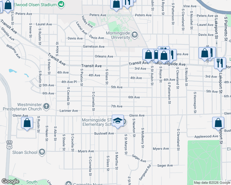 map of restaurants, bars, coffee shops, grocery stores, and more near 3514 5th Avenue in Sioux City