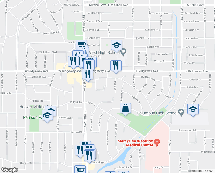 map of restaurants, bars, coffee shops, grocery stores, and more near 2237 Edgemont Avenue in Waterloo