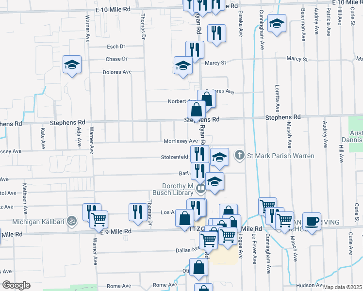 map of restaurants, bars, coffee shops, grocery stores, and more near 3920 Morrissey Avenue in Warren