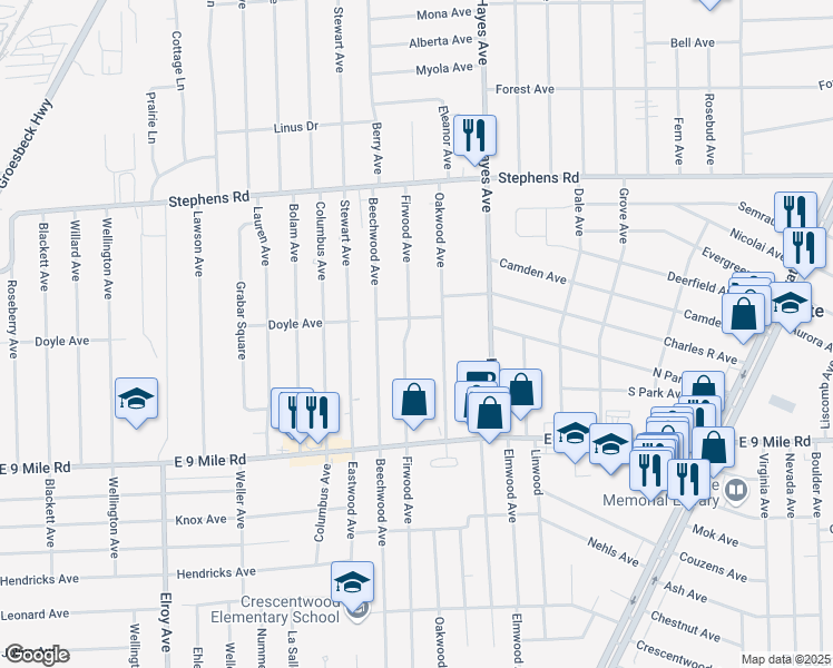 map of restaurants, bars, coffee shops, grocery stores, and more near 22920 Firwood Avenue in Eastpointe