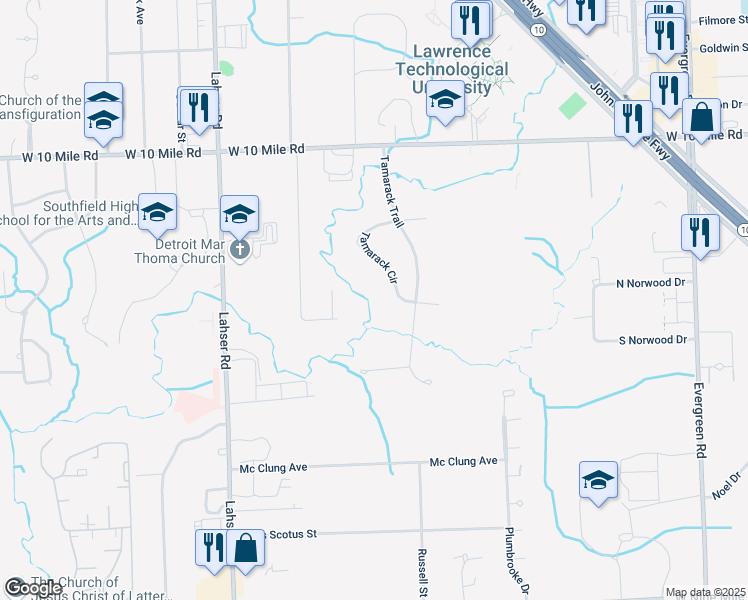 map of restaurants, bars, coffee shops, grocery stores, and more near 24249 Tamarack Circle in Southfield