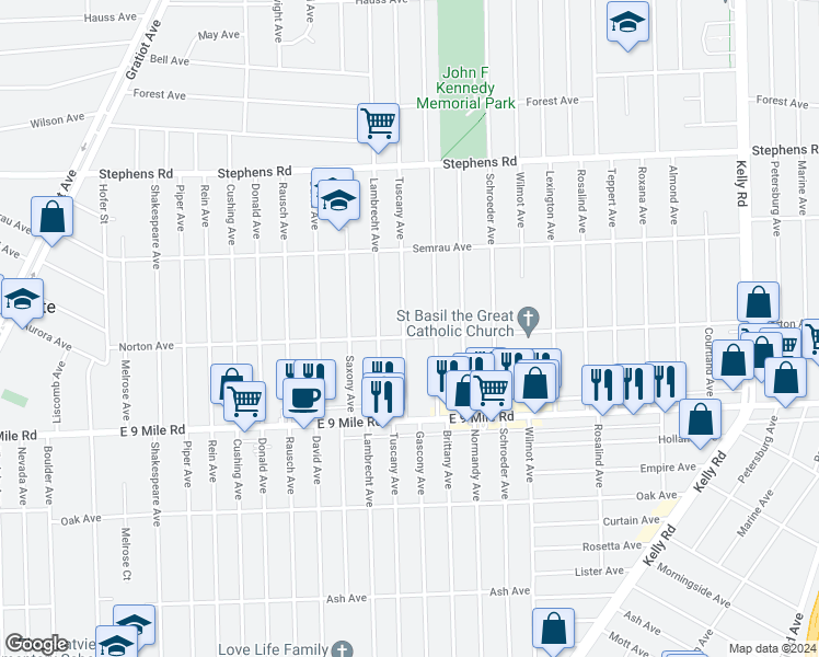 map of restaurants, bars, coffee shops, grocery stores, and more near 23012 Tuscany Avenue in Eastpointe