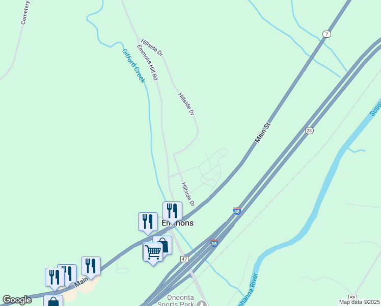 map of restaurants, bars, coffee shops, grocery stores, and more near 164 Hillside Drive in Oneonta