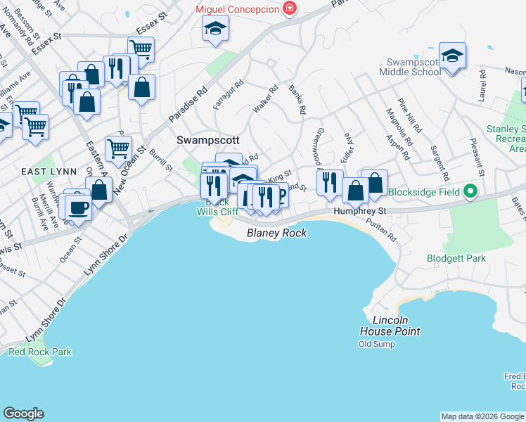 map of restaurants, bars, coffee shops, grocery stores, and more near 29 Rockland Street in Swampscott