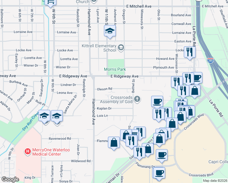map of restaurants, bars, coffee shops, grocery stores, and more near 1122 Oleson Road in Waterloo