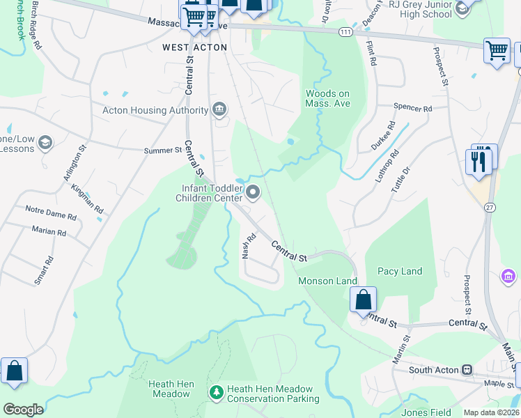 map of restaurants, bars, coffee shops, grocery stores, and more near 4 Crestwood Lane in Acton
