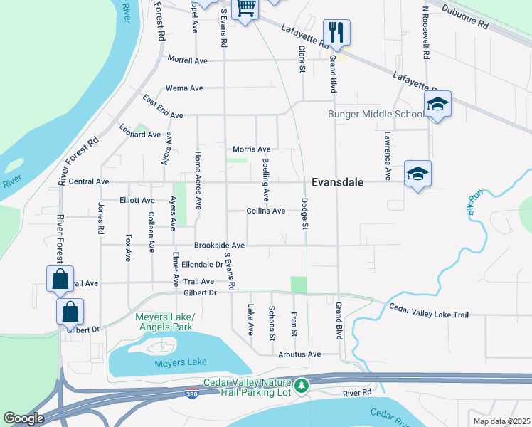 map of restaurants, bars, coffee shops, grocery stores, and more near 201-249 Collins Avenue in Evansdale