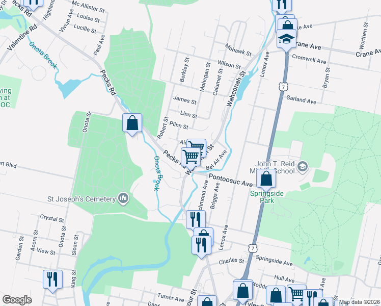 map of restaurants, bars, coffee shops, grocery stores, and more near 21 Curtin Avenue in Pittsfield