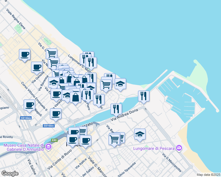 map of restaurants, bars, coffee shops, grocery stores, and more near 3 Lungomare Giacomo Matteotti in Pescara