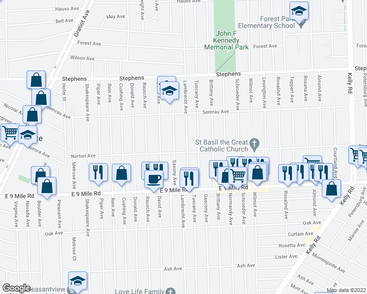 map of restaurants, bars, coffee shops, grocery stores, and more near 23019 Lambrecht Avenue in Eastpointe
