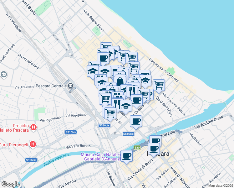 map of restaurants, bars, coffee shops, grocery stores, and more near 153 Via Firenze in Pescara