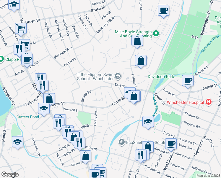 map of restaurants, bars, coffee shops, grocery stores, and more near 2 George Road in Winchester