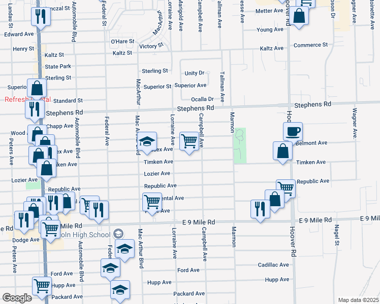 map of restaurants, bars, coffee shops, grocery stores, and more near 11067 Essex Avenue in Warren