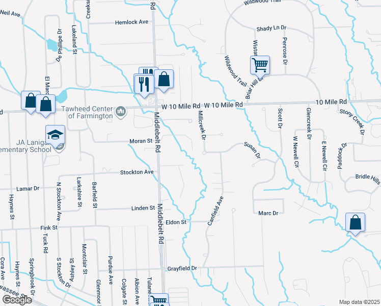map of restaurants, bars, coffee shops, grocery stores, and more near 23960 Middlebelt Road in Farmington Hills