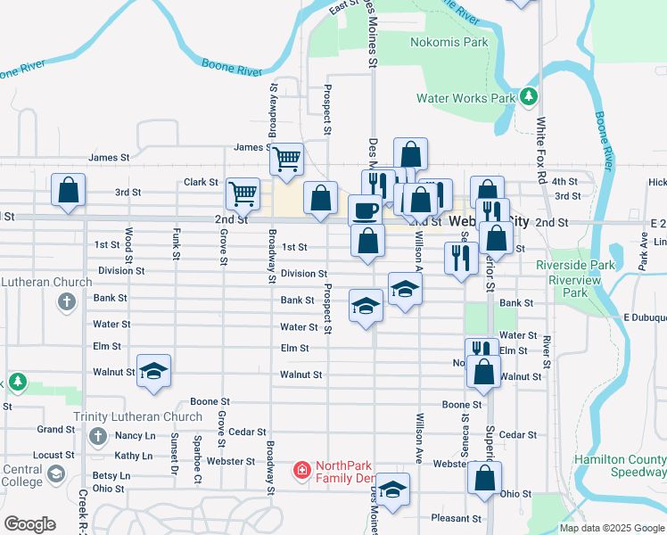 map of restaurants, bars, coffee shops, grocery stores, and more near 745 Division Street in Webster City