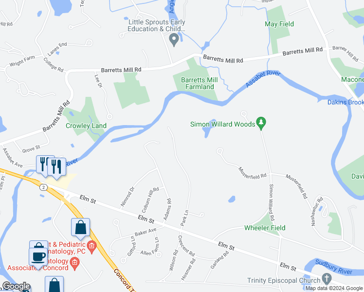 map of restaurants, bars, coffee shops, grocery stores, and more near 212 Park Lane in Concord