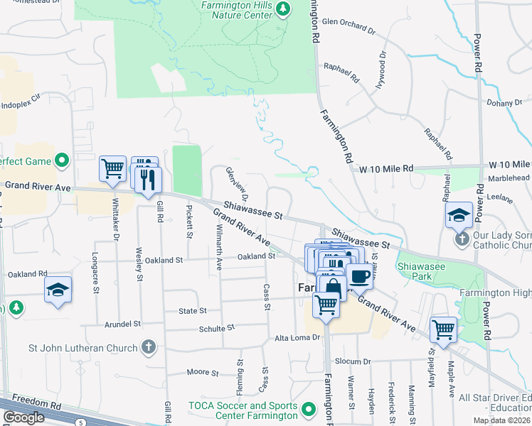 map of restaurants, bars, coffee shops, grocery stores, and more near 33698 Shiawassee Street in Farmington
