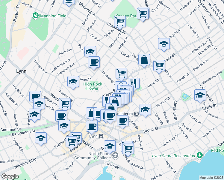 map of restaurants, bars, coffee shops, grocery stores, and more near 9 Essex Court in Lynn