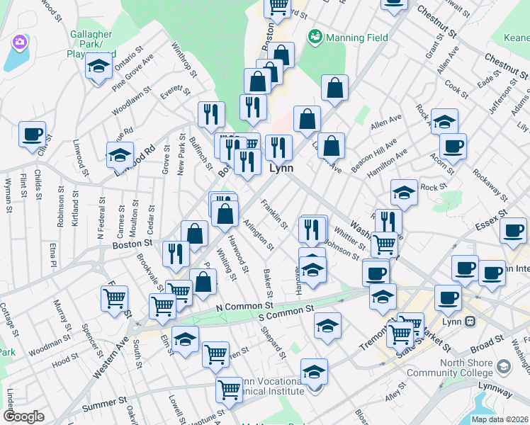 map of restaurants, bars, coffee shops, grocery stores, and more near 121 Franklin Street in Lynn
