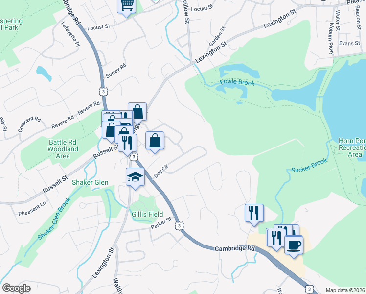 map of restaurants, bars, coffee shops, grocery stores, and more near 2 Glen Road in Woburn