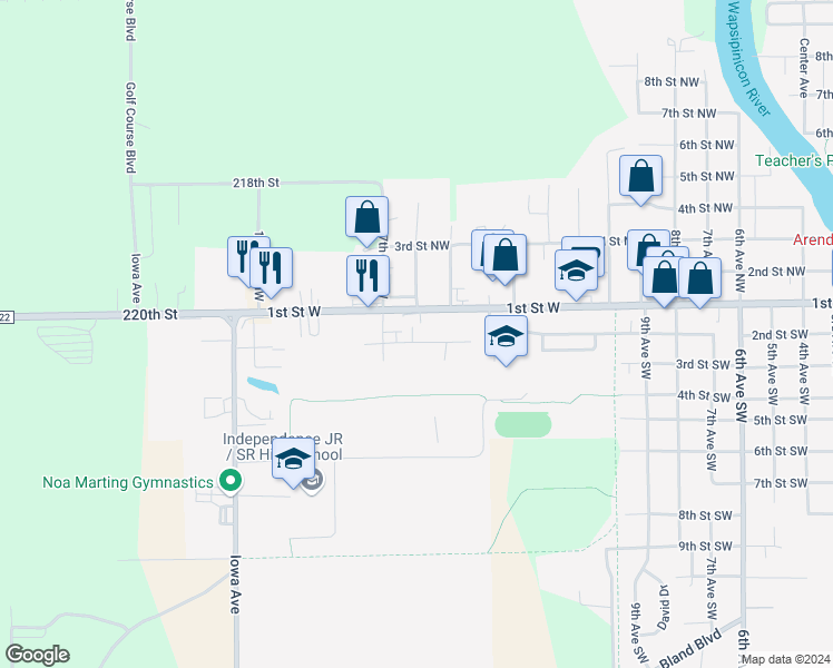 map of restaurants, bars, coffee shops, grocery stores, and more near 1507 1st Street West in Independence