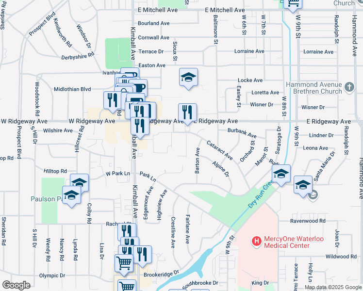 map of restaurants, bars, coffee shops, grocery stores, and more near 2229 Edgemont Avenue in Waterloo