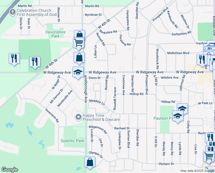 map of restaurants, bars, coffee shops, grocery stores, and more near 721 Russell Road in Waterloo