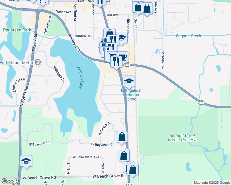 map of restaurants, bars, coffee shops, grocery stores, and more near 311 West Park Terrace in Antioch