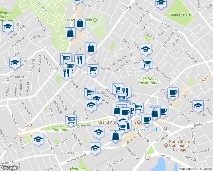 map of restaurants, bars, coffee shops, grocery stores, and more near 4 Hamilton Avenue in Lynn