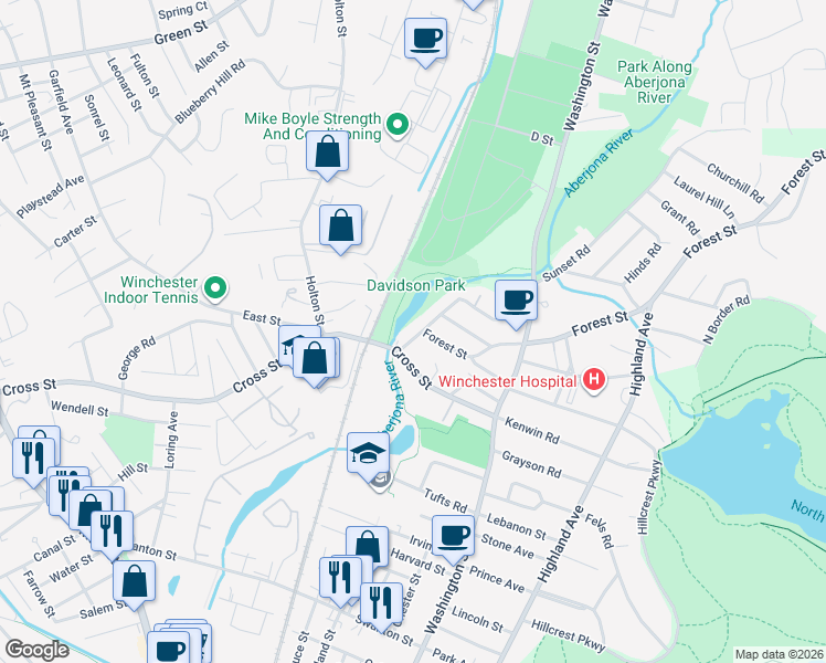 map of restaurants, bars, coffee shops, grocery stores, and more near 18 Forest Street in Winchester