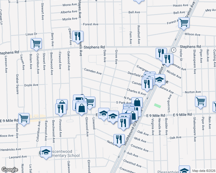 map of restaurants, bars, coffee shops, grocery stores, and more near 15318 Charles R Avenue in Eastpointe