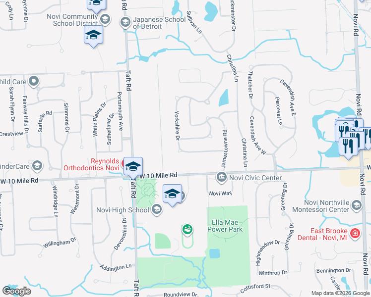 map of restaurants, bars, coffee shops, grocery stores, and more near 44896 Yorkshire Drive in Novi