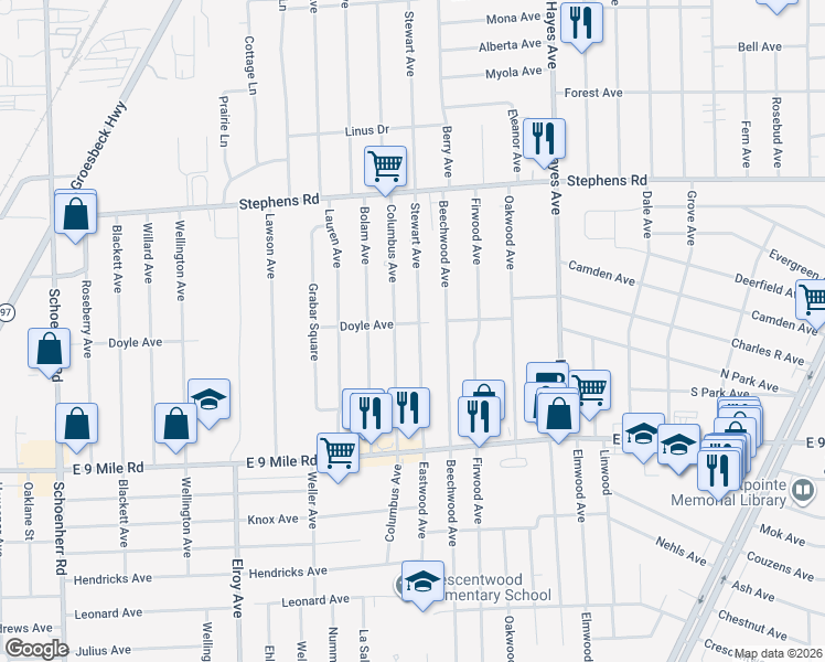 map of restaurants, bars, coffee shops, grocery stores, and more near 23291 Stewart Avenue in Warren