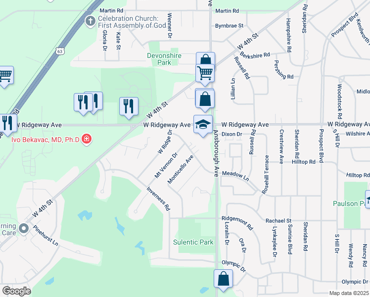 map of restaurants, bars, coffee shops, grocery stores, and more near 3301 Mount Vernon Drive in Waterloo