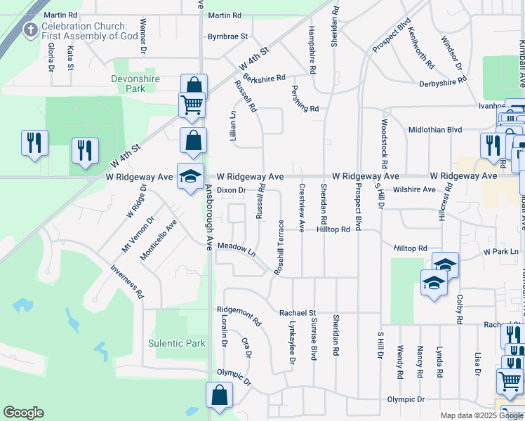 map of restaurants, bars, coffee shops, grocery stores, and more near 733 Russell Road in Waterloo